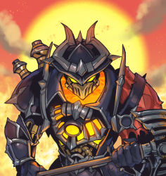 Rule 34 | 1boy, armor, black gloves, full armor, gloves, glowing, glowing eyes, hat, high noon mordekaiser, holding, holding weapon, league of legends, looking at viewer, male focus, mordekaiser, orange eyes, outdoors, phantom ix row, solo, sunset, weapon