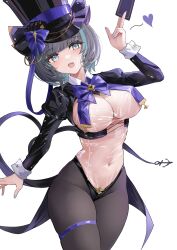 Rule 34 | 1girl, absurdres, again (depr4447), azur lane, black hair, blue eyes, blush, bow, breast curtains, breasts, cheshire (azur lane), cheshire (the cat in the magic hat) (azur lane), covered erect nipples, hat, highres, holding, large breasts, long sleeves, looking at viewer, meme attire, multicolored hair, navel, nontraditional playboy bunny, official alternate costume, reverse bunnysuit, reverse outfit, ribbon, see-through, short hair, smile, solo, top hat, white background