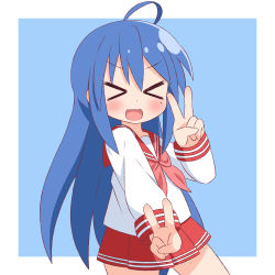 Rule 34 | &gt;:), &gt; &lt;, 1girl, :d, absurdres, blue background, blue hair, blush, closed eyes, double v, facing viewer, hair between eyes, hana kazari, hand up, highres, izumi konata, long hair, long sleeves, lucky star, mole, mole under eye, neckerchief, open mouth, outstretched arm, pink neckerchief, pleated skirt, red sailor collar, red skirt, ryouou school uniform, sailor collar, school uniform, serafuku, shirt, skirt, smile, solo, two-tone background, v, very long hair, white background, white shirt, xd