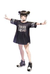 Rule 34 | 1girl, :o, bad id, bad twitter id, black eyes, black hair, black shirt, black shorts, choker, clothes writing, dc comics, double bun, earrings, full body, hair bun, highres, hoop earrings, jewelry, looking at viewer, matsuo shogo, open mouth, original, outstretched arms, shirt, shoes, short shorts, short sleeves, shorts, sidelocks, simple background, sleeves past elbows, solo, standing, suicide squad, watch, white background, wristwatch