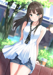 Rule 34 | 1girl, 2boys, arms behind back, bare arms, black hair, blush, breasts, bush, coffee cup, collarbone, cup, day, denim, denim shorts, disposable cup, ear piercing, green eyes, highres, idolmaster, idolmaster cinderella girls, jewelry, long hair, looking at viewer, medium breasts, multiple boys, necklace, necktie, outdoors, piercing, shade, shibuya rin, shirt, shorts, sleeveless, smile, striped neckwear, tamakaga, tree, v-neck, white shirt