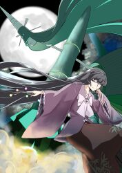 Rule 34 | 1girl, black hair, bow, bowtie, celesteela, closed mouth, commentary, creatures (company), full moon, game freak, gen 7 pokemon, highres, houraisan kaguya, japanese clothes, kimono, long hair, long sleeves, looking at viewer, moon, nintendo, outdoors, pink kimono, pokemon, pokemon (creature), potato pot, red eyes, red skirt, skirt, smile, solo, touhou, ultra beast, very long hair, white bow, white bowtie, wide sleeves