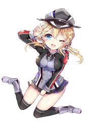 Rule 34 | 10s, 1girl, ;d, anchor hair ornament, artist name, bad id, bad twitter id, black skirt, black thighhighs, blonde hair, blue eyes, blush, breasts, cross, hair ornament, hat, impossible clothes, iron cross, kantai collection, large breasts, long hair, long sleeves, meyukichi, military, military uniform, miniskirt, one eye closed, open mouth, over-kneehighs, peaked cap, pleated skirt, prinz eugen (kancolle), simple background, skirt, smile, solo, thighhighs, twintails, uniform, v, white background