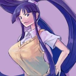 1girl blunt_bangs breasts eiken hand_on_own_hip huge_breasts long_hair misono_kirika polyacryla ponytail purple_eyes purple_hair school_uniform shirt sidelocks simple_background very_long_hair yellow_shirt