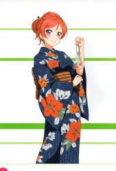 Rule 34 | 10s, 1girl, absurdres, artist request, bag, bagged fish, braid, fish, floral print, french braid, goldfish, hair bun, highres, holding, japanese clothes, kimono, looking at viewer, love live!, love live! school idol festival, love live! school idol project, nishikino maki, non-web source, obi, official art, purple eyes, red hair, sash, scan, simple background, single hair bun, smile, solo, standing, wide sleeves
