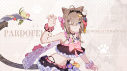 Rule 34 | 1girl, animal ears, bare shoulders, blue eyes, breasts, cat ears, cat tail, character name, chinese commentary, food-themed hair ornament, hair ornament, highres, honkai (series), honkai impact 3rd, lemon hair ornament, looking at viewer, medium hair, midriff, nail polish, navel, official alternate costume, official art, official wallpaper, one eye closed, open hands, pardofelis (honkai impact), pink ribbon, ribbon, small breasts, smile, solo, tail