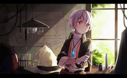 Rule 34 | 1boy, amulet, closed mouth, crossed arms, eyes visible through hair, gloves, hair between eyes, hiragi rin, holding, holding wrench, jacket, jewelry, letterboxed, necklace, ourn the inventor, pendant, pixiv fantasia, pixiv fantasia last saga, red eyes, solo, turtleneck, white gloves, white hair, window, wrench