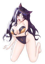 Rule 34 | 1girl, :d, animal ear fluff, animal ears, bare arms, bare legs, bare shoulders, barefoot, black eyes, black hair, black one-piece swimsuit, breast hold, breasts, cat ears, check copyright, cleavage, collarbone, commission, copyright request, fang, groin, head tilt, highleg, highleg swimsuit, highres, kneeling, large breasts, long hair, looking at viewer, mole, mole on breast, one-piece swimsuit, open mouth, original, simple background, siun, smile, solo, swimsuit, thighs, twintails, very long hair, white background