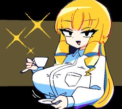 Rule 34 | 1girl, black eyes, blonde hair, breasts, cup, drill hair, drill sidelocks, eyelashes, holding, holding cup, kaneda mochiko, large breasts, long hair, looking at viewer, mount celeb kaneda-san, nyaromeron, open mouth, shirt, sidelocks, simple background, solo, sparkle, teacup, thick eyelashes, very long hair, white shirt