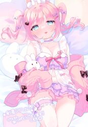 Rule 34 | 1girl, animal ears, ayase ririco, blue eyes, breasts, bridal garter, choker, cleavage, commission, hair ornament, heart, highres, holding, holding stuffed toy, indie virtual youtuber, komomo (2899), looking at viewer, lying, navel, on back, pillow, pink hair, rabbit ears, signature, skeb commission, sleeves past wrists, solo, stuffed animal, stuffed rabbit, stuffed toy, tongue, tongue out, twintails, virtual youtuber