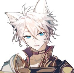 1boy animal_ear_fluff animal_ears antenna_hair aqua_eyes armor brown_choker cat_boy cat_ears chinese_commentary choker close-up collarbone collared_coat hair_between_eyes happy head_tilt high_collar highres honkai:_star_rail honkai_(series) joyaotie looking_to_the_side messy_hair multicolored_eyes open_mouth phainon_(honkai:_star_rail) shade short_hair shoulder_armor simple_background smile solo teeth upper_teeth_only white_background white_hair yellow_pupils