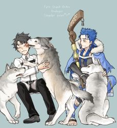 Rule 34 | 2boys, animal, black hair, blue hair, bracelet, capelet, chaldea uniform, closed eyes, closed mouth, collared shirt, cu chulainn (caster) (fate), cu chulainn (fate), cu chulainn (fate/stay night), dog, earrings, fate/grand order, fate (series), frown, fujimaru ritsuka (male), fur-trimmed hood, fur trim, grimace, grin, hood, hooded capelet, hozumi riya, jewelry, licking, long hair, long sleeves, looking at another, male focus, multiple boys, pants, petting, red eyes, shirt, short hair, simple background, sitting, smile, spiked hair, staff, type-moon, white wolf, wolf, wooden staff