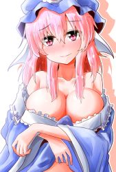 Rule 34 | 1girl, bare shoulders, blue hat, blue kimono, blush, breasts, collarbone, commentary request, eyes visible through hair, frilled shirt collar, frills, hair between eyes, hat, head tilt, highres, japanese clothes, kimono, large breasts, long hair, long sleeves, looking at viewer, mob cap, nose blush, off shoulder, oshiaki, outline, pink eyes, pink hair, ribbon-trimmed collar, ribbon trim, saigyouji yuyuko, sidelocks, silhouette, smile, solo, touhou, triangular headpiece, upper body, veil, white outline, wide sleeves