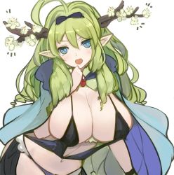 Rule 34 | 1girl, ahoge, bad id, bad twitter id, black panties, blue eyes, blush, breasts, cape, cleavage, copyright request, flower, flower-shaped pupils, fur trim, green hair, hair ribbon, horns, large breasts, long hair, navel, open mouth, panties, pointy ears, pupps, ribbon, simple background, solo, symbol-shaped pupils, underwear, white background