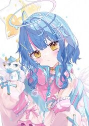 Rule 34 | 1girl, absurdres, ahoge, amamiya kokoro, blue hair, blue jacket, frilled sleeves, frills, glaze artifacts, hair ornament, halo, hand on headphones, headphones, headphones around neck, heart, heart hair ornament, highres, jacket, multicolored clothes, multicolored jacket, nijisanji, pink jacket, sakurato remi, solo, virtual youtuber, white jacket, x hair ornament, yellow eyes, zipper