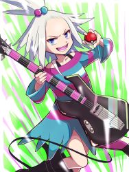 Rule 34 | 1girl, bass guitar, black footwear, blue eyes, boots, commentary request, creatures (company), dress, fingernails, game freak, grey hair, gym leader, hair bobbles, hair ornament, highres, holding, holding instrument, holding poke ball, instrument, long hair, long sleeves, nintendo, open mouth, otonachildren, poke ball, poke ball (basic), pokemon, pokemon bw2, roxie (pokemon), sideways glance, solo, striped clothes, striped dress, teeth, tongue, topknot, v-shaped eyebrows