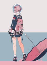 Rule 34 | 1girl, backpack, bag, black umbrella, blue background, blue jacket, commentary request, daisukerichard, facing away, fish, fishbowl helmet, flat color, from behind, full body, grey background, grey shorts, highres, jacket, long hair, long sleeves, original, pink bag, pink hair, pink umbrella, ponytail, shoes, shorts, simple background, sleeves past wrists, sneakers, socks, solo, standing, two-tone background, umbrella, white socks