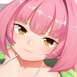 Rule 34 | 1girl, :3, bikini, blush, close-up, closed mouth, copyright request, fang, fang out, highres, looking at viewer, medium hair, pink hair, portrait, smile, solo, swimsuit, utsusumi kio, virtual youtuber, white bikini, yellow eyes