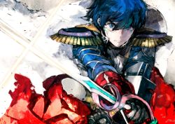 Rule 34 | 1boy, aoi itsuki, black gloves, blue eyes, blue hair, cape, determined, diffraction spikes, epaulettes, closed eyes, facial tattoo, fire emblem, gloves, highres, holding, holding weapon, looking at viewer, male focus, nintendo, official art, solo, sword, tattoo, textless version, toi8, tokyo mirage sessions fe, weapon