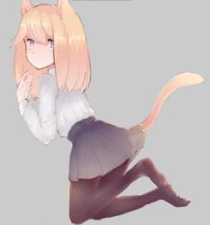 Rule 34 | 1girl, animal ears, animated, animated gif, black pantyhose, blonde hair, blue eyes, blush, bra, cat ears, cat tail, frown, grey background, grey skirt, kneeling, leisss, looking at viewer, lowres, original, panties, pantyhose, pink bra, pink panties, pleated skirt, simple background, skirt, solo, tail, underwear, underwear only