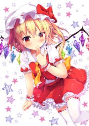 Rule 34 | 1girl, ascot, blonde hair, bow, crystal, flandre scarlet, frilled shirt collar, frills, hat, hat ribbon, jan (janpx2012), medium hair, mob cap, puffy short sleeves, puffy sleeves, red bow, red eyes, red ribbon, red skirt, red vest, ribbon, shirt, short hair, short sleeves, side ponytail, skirt, smile, solo, star (symbol), starry background, thighhighs, touhou, vest, white shirt, white thighhighs, wings, wrist cuffs, yellow ascot