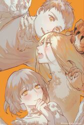 Rule 34 | 1boy, 2girls, absurdres, animal ears, artist name, black nails, blonde hair, blush, body fur, brother and sister, brown fur, chelsea (qing3567), chinese commentary, claws, commentary request, copyright notice, drooling, dungeon meshi, falin touden, falin touden (chimera), fangs, feathers, green eyes, hand on own chin, hand up, highres, laios touden, laios touden (chimera), light brown hair, long hair, looking at another, marcille donato, marcille donato (scylla), monster boy, monster girl, multiple girls, open mouth, orange background, short hair, siblings, simple background, smile, upper body, yellow eyes