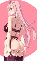 Rule 34 | 1girl, ass, ass grab, ass support, bra, breasts, corset, darling in the franxx, green eyes, hair between eyes, hands on own ass, highres, horns, large breasts, long hair, looking at viewer, looking back, oni horns, panties, pink hair, red horns, s65sl, smile, solo, underwear, zero two (darling in the franxx)