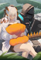 Rule 34 | 1girl, 1other, absurdres, ambiguous gender, arknights, black gloves, black jacket, black shorts, breasts, collarbone, commentary, creature, doctor (arknights), dragon horns, dragon tail, english commentary, closed eyes, gloves, hair between eyes, headpat, highres, holding, holding pillow, holding tablet pc, hood, hooded jacket, horns, jacket, najashi, pillow, saria (arknights), shirt, shorts, sitting, sleeping, tablet pc, tail, white hair, white shirt