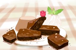 Rule 34 | bird, brownie (dessert), brownie (food), chai (drawingchisanne), crumbs, dessert, food, food focus, fruit, highres, no humans, original, plate, strawberry