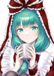 Rule 34 | 1girl, arm ribbon, bow, close-up, closed mouth, cup, dress, frilled ribbon, frills, front ponytail, green eyes, green hair, hair bow, hair ribbon, happy, head tilt, highres, holding, holding cup, kageharu, kagiyama hina, mug, red dress, ribbon, simple background, smile, solo, touhou, white background
