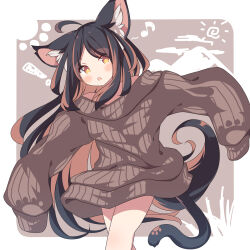 Rule 34 | !, 1girl, :o, ahoge, animal ear fluff, animal ears, black hair, blush, brown background, brown eyes, brown hair, brown sweater, cat ears, cat girl, cat tail, commentary, daidai ookami, eighth note, feet out of frame, highres, long sleeves, multicolored hair, musical note, off-shoulder sweater, off shoulder, original, parted bangs, parted lips, puffy long sleeves, puffy sleeves, ribbed sweater, sleeves past fingers, sleeves past wrists, solo, sun symbol, sweater, tail, two-tone background, two-tone hair, walking, white background