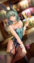 Rule 34 | 1girl, alcohol, alternate hairstyle, animal ears, bar (place), beer, black leotard, black thighhighs, blush, bottle, breasts, cleavage, cup, fake animal ears, green hair, green leotard, highres, kantai collection, leotard, liquor, multicolored leotard, one eye closed, open mouth, plate, pussy, pussy peek, rabbit ears, short hair, sitting, small breasts, smile, solo, stool, thighhighs, tsukineko, wine, wrist cuffs, yellow eyes, yuubari (kancolle)