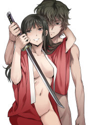 Rule 34 | 1boy, 1girl, arm around neck, bare shoulders, black hair, breasts, brown eyes, brown hair, clenched teeth, clothed female nude male, couple, cuvie, grin, groin, hair over one eye, holding, japanese clothes, katana, kimono, long hair, looking at viewer, naked kimono, navel, no bra, no panties, nude, open clothes, open kimono, original, purple eyes, serious, short hair, simple background, smile, standing, sword, teeth, weapon, white background, wide sleeves