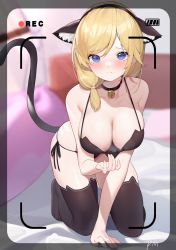 Rule 34 | 1girl, all fours, animal ear fluff, animal ear legwear, animal ears, bare arms, bare shoulders, bed sheet, bell, bikini pull, black choker, black hairband, black thighhighs, blonde hair, blue eyes, blush, breasts, cat ear legwear, cat ears, cat tail, choker, cleavage, closed mouth, clothes pull, collarbone, commentary request, fake animal ears, fake tail, frown, full body, guangsupaomian, hair over shoulder, hairband, hanging breasts, highres, jingle bell, large breasts, long hair, looking at viewer, low ponytail, neck bell, original, pillow, pulling own clothes, recording, signature, solo, steaming body, swept bangs, tail, thighhighs