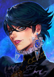 Rule 34 | 1girl, alternate hair length, alternate hairstyle, bayonetta, bayonetta (series), bayonetta 2, black-framed eyewear, black bodysuit, blue background, blue eyes, blush, bodysuit, earrings, glasses, glint, hungry clicker, impossible bodysuit, impossible clothes, jewelry, lips, lipstick, looking at viewer, makeup, mole, mole under mouth, parted lips, pink lips, portrait, short hair, simple background, solo