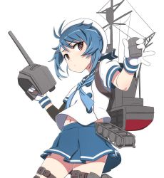 Rule 34 | 1girl, arm warmers, blouse, blue hair, blue neckerchief, blue skirt, brown eyes, closed mouth, commentary, cowboy shot, cup, frown, fukae (kancolle), gloves, gradient hair, hat, holding, holding cup, holding weapon, kantai collection, looking at viewer, miniskirt, multicolored hair, nanashino, navel, neckerchief, pleated skirt, rigging, sailor collar, sailor hat, school uniform, serafuku, shirt, short hair, short sleeves, simple background, single arm warmer, single horizontal stripe, skirt, solo, standing, thigh strap, weapon, white background, white gloves, white hat, white shirt