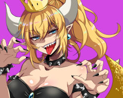 Rule 34 | 1girl, bare shoulders, black dress, black nails, blue eyes, bowsette, bracelet, breasts, brooch, claw pose, cleavage, collar, collarbone, commentary request, dress, earrings, fingernails, hair between eyes, head tilt, horns, jewelry, kicori, long hair, looking at viewer, mario (series), medium breasts, muscular, muscular female, nail polish, new super mario bros. u deluxe, nintendo, open mouth, pointy ears, ponytail, purple background, sharp fingernails, sharp teeth, sidelocks, simple background, slit pupils, smile, solo, spiked bracelet, spiked collar, spikes, strapless, strapless dress, super crown, teeth, thick eyebrows, tongue, tongue out, tsurime, upper body