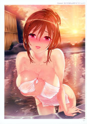 Rule 34 | 1girl, :d, absurdres, arm support, artist name, blush, breasts, brown hair, collarbone, covering privates, dusk, full-face blush, hair bun, hand on own chest, highres, hisasi, large breasts, leaning forward, looking at viewer, naked towel, nude cover, onsen, open mouth, outdoors, pink eyes, short hair, sidelocks, single hair bun, sky, smile, solo, sparkle, steam, sunset, toranoana, towel, wet, wet hair