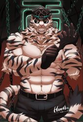 Rule 34 | 1boy, abs, animal ears, bara, belt, black gloves, black headwear, black pants, chain, commentary, dated, dislyte, english commentary, fangs, furry, furry male, gloves, hamjiuzai, highres, holding, holding clothes, holding gloves, jin qiu (ru shou) (dislyte), looking at viewer, male focus, pants, pectorals, signature, smile, sunglasses, tail, tiger boy, tiger ears, tiger stripes, tiger tail, topless male