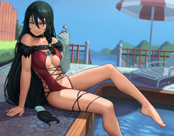 Rule 34 | 1girl, adapted costume, alternate costume, arm support, bandaged arm, bandages, bare shoulders, barefoot, beach chair, beach umbrella, beckoning, black choker, black hair, blue sky, blurry, blurry background, braid, breasts, center opening, chair, choker, cleavage, closed mouth, come hither, commentary, cross-laced clothes, cross-laced one-piece swimsuit, day, depth of field, dutch angle, feet, hair between eyes, hair over shoulder, highres, lasterk, leg ribbon, leg up, long hair, looking at viewer, lounge chair, low-tied long hair, medium breasts, navel, one-piece swimsuit, outdoors, plantar flexion, pool, poolside, red one-piece swimsuit, revision, ribbon, side braid, single braid, sitting, sky, smile, solo, swimsuit, tales of (series), tales of berseria, thigh ribbon, umbrella, underboob, velvet crowe, very long hair, water, yellow eyes
