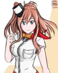 Rule 34 | 10s, 1girl, admiral paru, breasts, clenched hand, cowboy shot, grey eyes, kantai collection, large breasts, looking at viewer, neckerchief, red hair, red neckerchief, saratoga (kancolle), shirt, smile, solo, white shirt