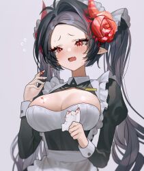 Rule 34 | 1girl, apron, black dress, black hair, blood, breasts, cleavage, cleavage cutout, clothing cutout, demon horns, dress, fang, frown, fymrie, hand up, holding, horns, juliet sleeves, large breasts, long hair, long sleeves, looking at viewer, maid, maid apron, maid headdress, open mouth, original, parted bangs, pointy ears, puffy sleeves, simple background, solo, tissue, twintails, very long hair, white background