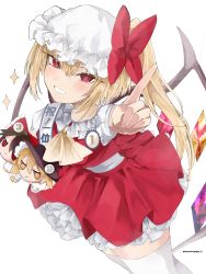 Rule 34 | 1girl, arm up, artist name, ascot, blonde hair, blush, bow, breasts, brown hair, brown hat, character doll, closed mouth, collared shirt, commentary request, cross, cross-shaped pupils, crystal, detached sleeves, doll, flandre scarlet, frills, fumo (doll), gomashiopappa k, hair between eyes, hair bow, hair ornament, hair tubes, hakurei reimu, hands up, hat, hat bow, highres, jewelry, kirisame marisa, long sleeves, looking at viewer, looking to the side, medal, medium breasts, miniskirt, mob cap, multicolored wings, numbered, one side up, pointing, puffy long sleeves, puffy short sleeves, puffy sleeves, red bow, red eyes, red skirt, red vest, sash, shirt, short hair, short sleeves, simple background, skirt, skirt set, smile, smug, solo, standing, star (symbol), symbol-shaped pupils, teeth, thighhighs, touhou, vest, white background, white bow, white hat, white shirt, white thighhighs, wide sleeves, wings, witch hat, yellow ascot