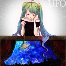 Rule 34 | 1girl, ahoge, aqua hair, bare shoulders, commentary request, curtains, earrings, flying saucer, hair ornament, haruka nagazumi, hatsune miku, head rest, highres, jewelry, long hair, sky, solo, song name, spacecraft, star (sky), star (symbol), star earrings, star hair ornament, starry sky, twintails, ufo, very long hair, vocaloid