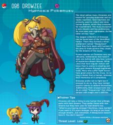 Rule 34 | 1boy, 1girl, artist name, belt, blonde hair, character name, character profile, commentary, creatures (company), drowzee, english commentary, english text, game freak, gen 1 pokemon, goggles, goggles on head, hat feather, highres, kinkymation, long hair, nintendo, personification, poke ball, poke ball (basic), pokemon, pokemon ears, purple hair, screwdriver, twintails