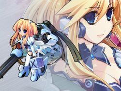 Rule 34 | 1girl, :d, back, blonde hair, blue dress, blue eyes, blush, breasts, brooch, cannon, choker, cleavage, dress, ein (long cake), gadget trial, hair between eyes, holding, huge weapon, jewelry, leaning forward, looking at viewer, open mouth, smile, solo, souka, weapon