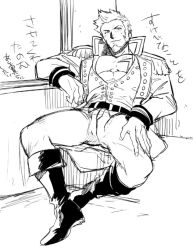 Rule 34 | 1boy, arm rest, beard, belt, boots, epaulettes, facial hair, fate/grand order, fate (series), greyscale, hand on own thigh, jacket, crossed legs, long sideburns, looking at viewer, male focus, military jacket, mitosansan, monochrome, napoleon bonaparte (fate), open clothes, open jacket, parted lips, scar, sideburns, smile, solo, spread legs