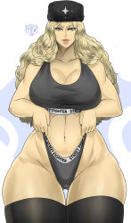 Rule 34 | 1girl, adjusting clothes, black thighhighs, blonde hair, blue eyes, breasts, cleavage, fur hat, gluteal fold, hat, highleg, highres, kolin, large breasts, lips, long hair, looking at viewer, navel, sekushi magik, solo, sports bikini, sports bra, sportswear, standing, street fighter, street fighter v, thick thighs, thigh gap, thighhighs, thighs, ushanka, wavy hair, wide hips