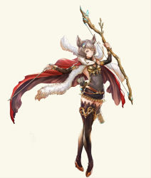 Rule 34 | 1girl, animal ears, arrow (projectile), bad id, bad pixiv id, black thighhighs, bow (weapon), breasts, brown footwear, cape, detached sleeves, erune, fur trim, granblue fantasy, grey hair, hair ornament, holding, holding arrow, holding bow (weapon), holding weapon, looking at viewer, official style, quiver, red cape, short hair, simple background, small breasts, solo, sutera (granblue fantasy), thighhighs, tokiemon gogogo, weapon