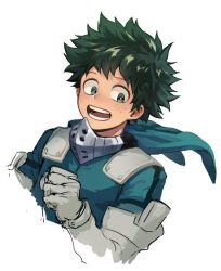 Rule 34 | 1boy, bodysuit, boku no hero academia, clenched hand, commentary request, cropped torso, elbow gloves, freckles, gloves, green bodysuit, green eyes, green hair, hood, hood down, hooded bodysuit, looking down, male focus, mask, mask around neck, unworn mask, midoriya izuku, mouth mask, open mouth, shinomaru, short hair, sketch, smile, solo, spiked hair, upper body, white gloves